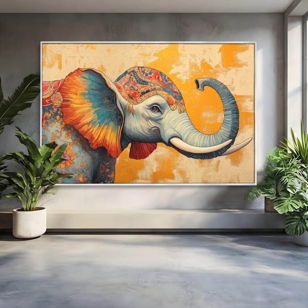 Tablou canvas cu tablou canvas cu elefant decorat in stil oriental, in rama de aluminiu argintiu